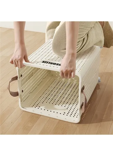 Foldable Hollow Design Laundry Basket, Dirty Clothes Storage Cart with Handles &amp; Wheels - Ivory White