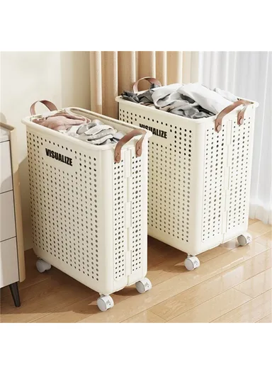 Foldable Hollow Design Laundry Basket, Dirty Clothes Storage Cart with Handles &amp; Wheels - Ivory White