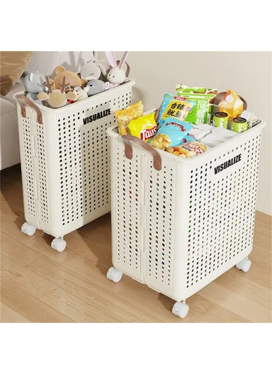 Foldable Hollow Design Laundry Basket, Dirty Clothes Storage Cart with Handles &amp; Wheels - Ivory White