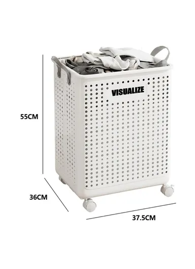 Foldable Hollow Design Laundry Basket, Dirty Clothes Storage Cart with Handles &amp; Wheels - Ivory White