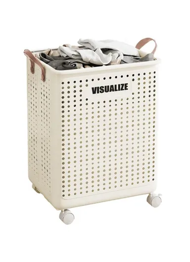 Foldable Hollow Design Laundry Basket, Dirty Clothes Storage Cart with Handles &amp; Wheels - Cream White