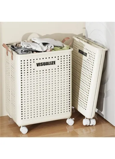 Foldable Hollow Design Laundry Basket, Dirty Clothes Storage Cart with Handles &amp; Wheels - Cream White