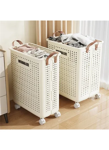 Foldable Hollow Design Laundry Basket, Dirty Clothes Storage Cart with Handles &amp; Wheels - Cream White