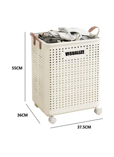Foldable Hollow Design Laundry Basket, Dirty Clothes Storage Cart with Handles &amp; Wheels - Cream White