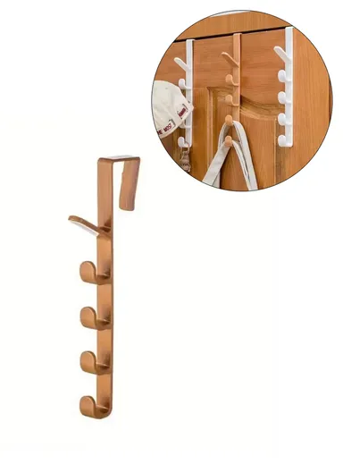 5 Hook Design Door Top Hanger, Multi-Use Door Towel Rack Hanging Hook (L27.5 x W9 x H2)cm - Brown