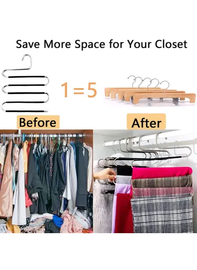 1-PIECE 5 Layer Non-Slip S Shaped Pants Hanger, Multifunction Stainless Steel Trousers Ties Wardrobe Organizer (L34 x W33)cm