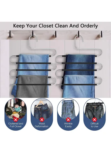 1-PIECE 5 Layer Non-Slip S Shaped Pants Hanger, Multifunction Stainless Steel Trousers Ties Wardrobe Organizer (L34 x W33)cm