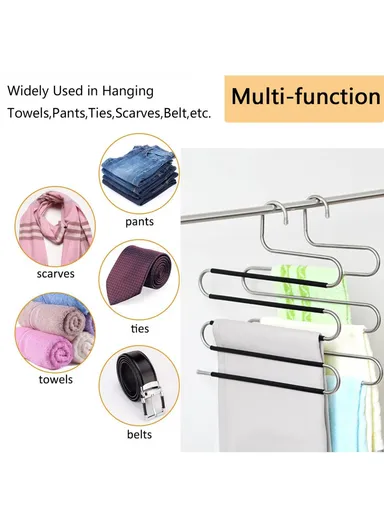 1-PIECE 5 Layer Non-Slip S Shaped Pants Hanger, Multifunction Stainless Steel Trousers Ties Wardrobe Organizer (L34 x W33)cm