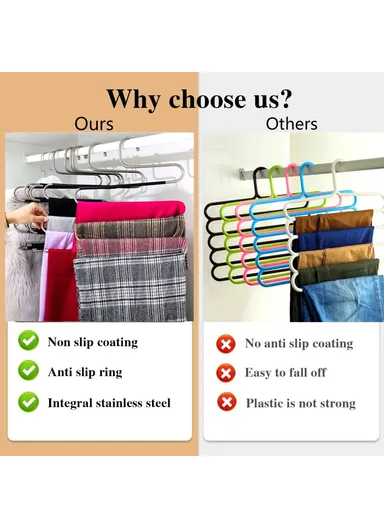 1-PIECE 5 Layer Non-Slip S Shaped Pants Hanger, Multifunction Stainless Steel Trousers Ties Wardrobe Organizer (L34 x W33)cm