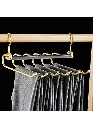 1-Pcs 6 Layer Foldable Aluminum Alloy Pants Hanger, Space Saving Wardrobe Trouser Organizer (L36 x W32 x H11.5)cm - Black &amp; Gold