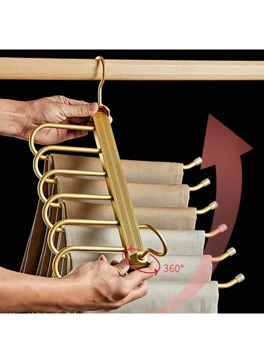 1-Pcs 6 Layer Foldable Aluminum Alloy Pants Hanger, Space Saving Wardrobe Trouser Organizer (L36 x W32 x H11.5)cm - Black &amp; Gold