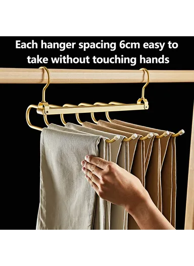 1-Pcs 6 Layer Foldable Aluminum Alloy Pants Hanger, Space Saving Wardrobe Trouser Organizer (L36 x W32 x H11.5)cm - Black &amp; Gold