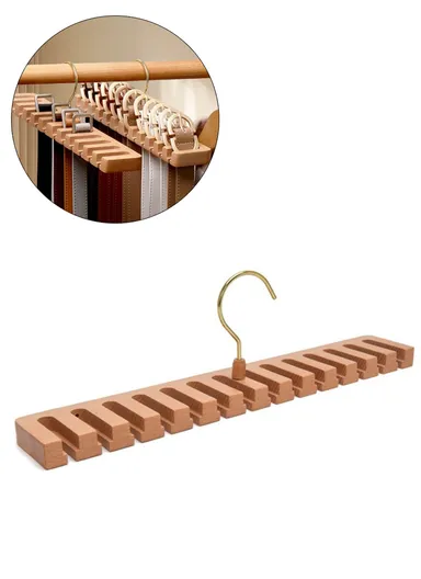 14 Slots Beechwood Belt Tie Organizer, Space Saving Wardrobe Waist Belt Hanger (L38 x W6 x H11)cm - Wood Color