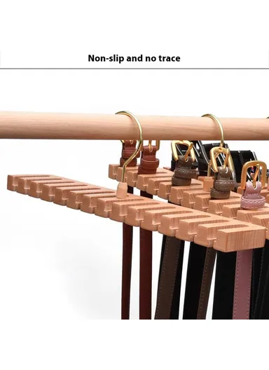 14 Slots Beechwood Belt Tie Organizer, Space Saving Wardrobe Waist Belt Hanger (L38 x W6 x H11)cm - Wood Color