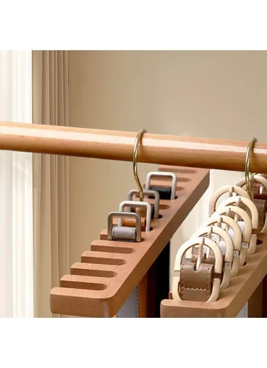 14 Slots Beechwood Belt Tie Organizer, Space Saving Wardrobe Waist Belt Hanger (L38 x W6 x H11)cm - Wood Color