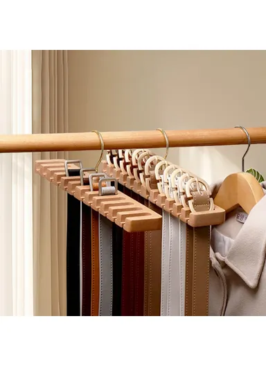 14 Slots Beechwood Belt Tie Organizer, Space Saving Wardrobe Waist Belt Hanger (L38 x W6 x H11)cm - Wood Color