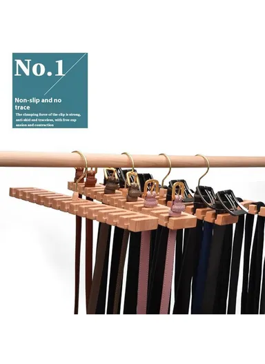 14 Slots Beechwood Belt Tie Organizer, Space Saving Wardrobe Waist Belt Hanger (L38 x W6 x H11)cm - Wood Color