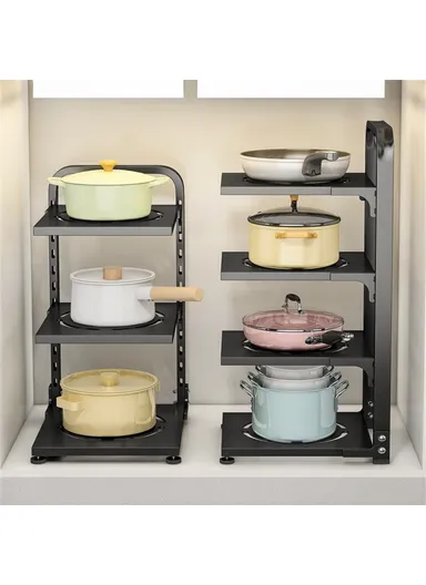 4-Tiers Adjustable Kitchen Storage Rack, Multi-Use Carbon Steel Storage Shelf, Under Sink Cabinet Organizer (L26 x W24 x H51)cm - Black