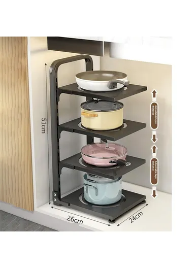 4-Tiers Adjustable Kitchen Storage Rack, Multi-Use Carbon Steel Storage Shelf, Under Sink Cabinet Organizer (L26 x W24 x H51)cm - Black