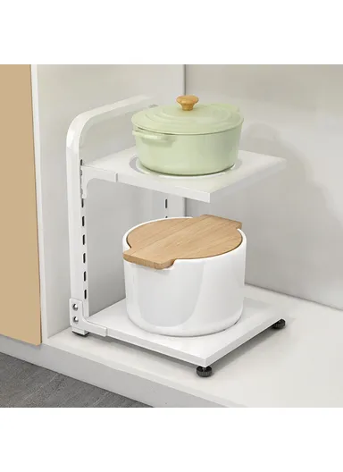 2-Tiers Adjustable Kitchen Storage Rack, Multi-Use Carbon Steel Storage Shelf, Under Sink Cabinet Organizer (L26 x W24 x H31)cm - White