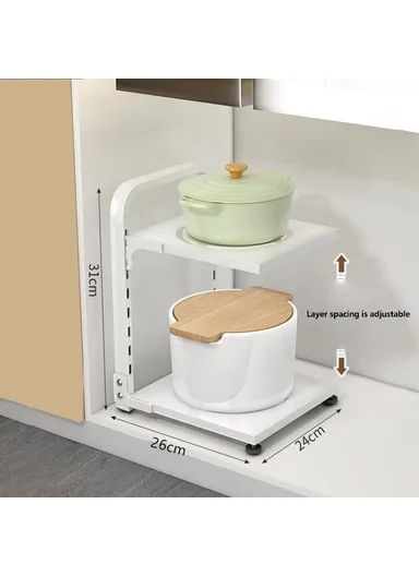 2-Tiers Adjustable Kitchen Storage Rack, Multi-Use Carbon Steel Storage Shelf, Under Sink Cabinet Organizer (L26 x W24 x H31)cm - White