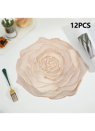 12-Pcs Non-Slip Rose Pattern Dining Table Placemats, Heat Resistant Tabletop Mat RX3307 (D34.5 x H36)cm - Rose Gold