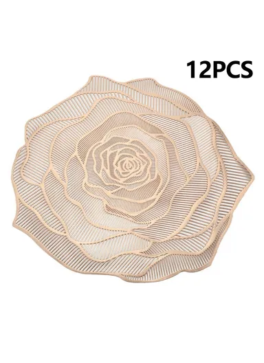 12-Pcs Non-Slip Rose Pattern Dining Table Placemats, Heat Resistant Tabletop Mat RX3307 (D34.5 x H36)cm - Rose Gold
