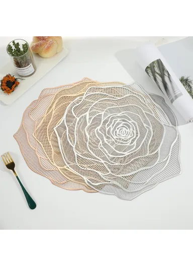 12-Pcs Non-Slip Rose Pattern Dining Table Placemats, Heat Resistant Tabletop Mat RX3307 (D34.5 x H36)cm - Rose Gold