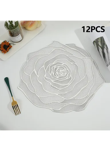 12-Pcs Non-Slip Rose Pattern Dining Table Placemats, Heat Resistant Tabletop Mat RX3307 (D34.5 x H36)cm - Silver