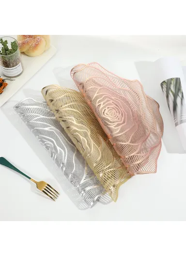 12-Pcs Non-Slip Rose Pattern Dining Table Placemats, Heat Resistant Tabletop Mat RX3307 (D34.5 x H36)cm - Silver