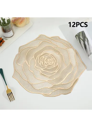 12-Pcs Non-Slip Rose Pattern Dining Table Placemats, Heat Resistant Tabletop Mat RX3307 (D34.5 x H36)cm - Gold