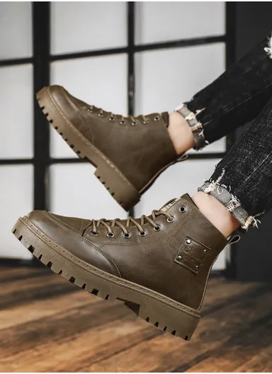 Comfortable Lace Up Combat Platform Ankle Boots With Anti-Slip Thick Sole, Shoes Mid Calf Booties for Men X1088 - Brown