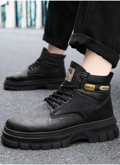 Waterproof Soft Toe Non Slip Rubber Sole Comfortable Leather Winter Boots For Men YE50 - Black