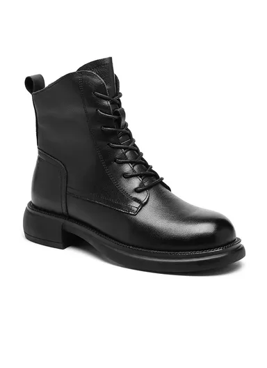 Lace Up Combat Platform Ankle Boots With Thick Sole, Side Zipper Shoes Mid Calf Booties for Women S12-1 - Black