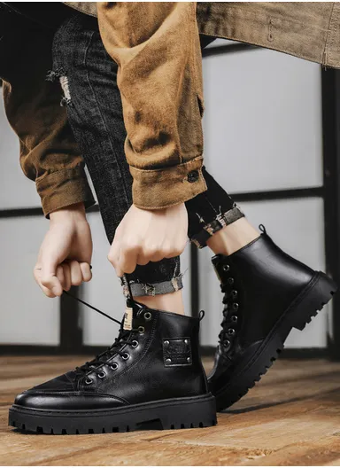 Comfortable Lace Up Combat Platform Ankle Boots With Anti-Slip Thick Sole, Shoes Mid Calf Booties for Men X1088 - Black 