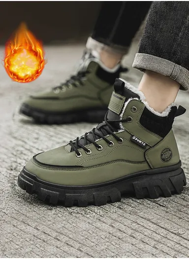 PU Leather &amp; Faux Fur Casual Comfortable Water Resistant Non-Slip Winter Boots For Men - Olive