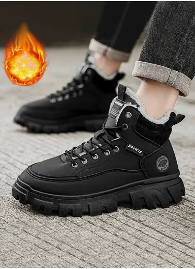 PU Leather &amp; Faux Fur Casual Comfortable Water Resistant Non-Slip Winter Boots For Men - Black