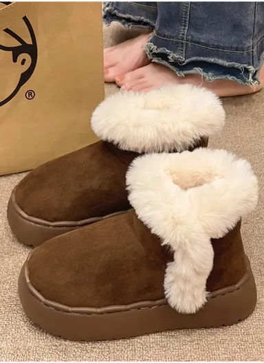 Anti-Slip PVC Plush Faux Fur Winter Boot with Soft Fleece Lining, Soft &amp; Skin-Friendly Sole Warm Winter Boots For Women - Dark Brown