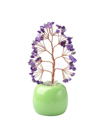Natural Crystal Money Tree with Ceramic Base Fortune Tree Ornament for Office Home Decor - Purple / Green
