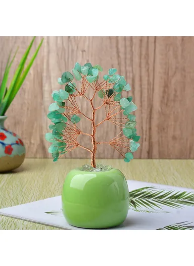 Natural Crystal Money Tree with Ceramic Base Fortune Tree Ornament for Office Home Decor - Green  /  Green