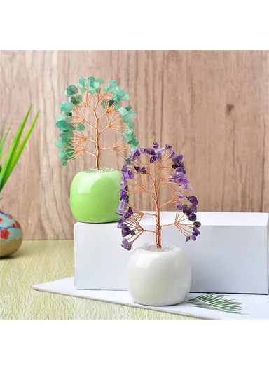 Natural Crystal Money Tree with Ceramic Base Fortune Tree Ornament for Office Home Decor - Green  /  Green