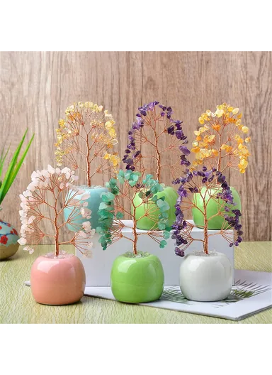 Natural Crystal Money Tree with Ceramic Base Fortune Tree Ornament for Office Home Decor - Green  /  Green