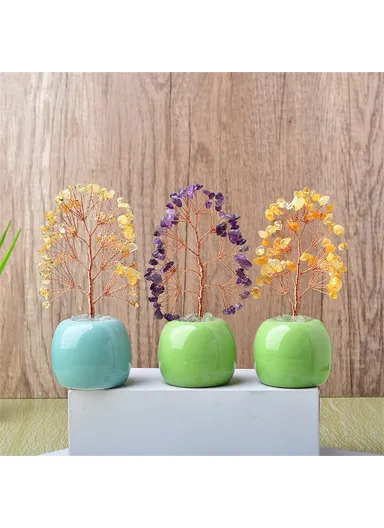 Natural Crystal Money Tree with Ceramic Base Fortune Tree Ornament for Office Home Decor - Green  /  Green