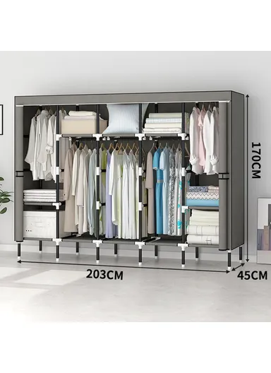 Assembly Wardrobe Non-Woven Fabric Reinforced Steel Frame Clothes Storage Organizer (W203 x D45 x H170)cm - Grey