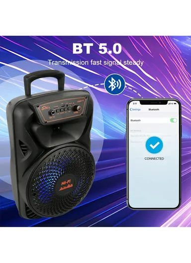 8" Portable Large Outdoor Wireless Bluetooth Trolley Speaker RGB LED Lighting With Wired Microphone &amp; Remote Control ZQS8173W