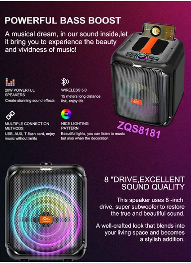 8" + Tweeter Portable Hi-Fi BT Home Stereo Subwoofer Karaoke Speaker Professional Wireless With Wireless Microphone ZQS8181