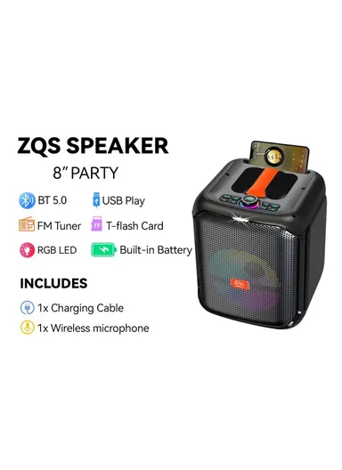 8" + Tweeter Portable Hi-Fi BT Home Stereo Subwoofer Karaoke Speaker Professional Wireless With Wireless Microphone ZQS8181