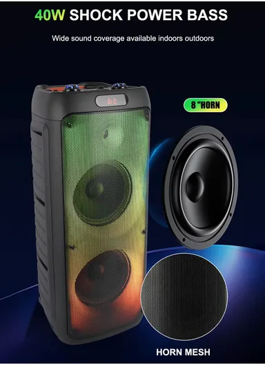 Dual 8" + Tweeter Outdoor Party Karaoke Speaker Blue Tooth RGB Pull Cart Convenient Microphone-Use Computer Stage Speake with Wireless Microphone &amp; Remote Control ZQS8236
