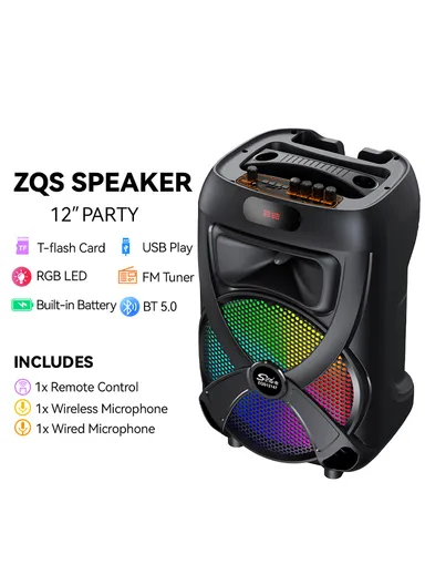 12" + Tweeter Portable Wireless BT Speaker High Sound Quality Karaoke Speaker with Wireless Microphone, Wired Microphone &amp; Remote Control ZQS12147 