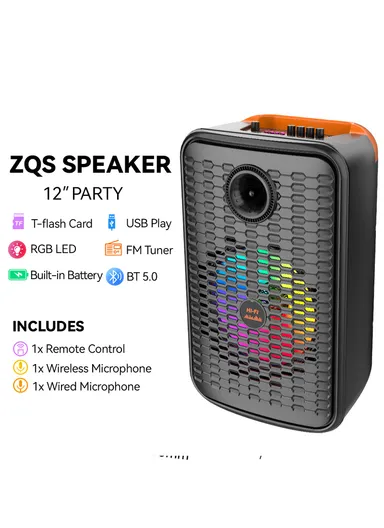 12" + Tweeter DJ Speaker 1800mAh Rechargeable Subwoofer Wireless Blue Tooth with Wireless Microphone, Wired Microphone &amp; Remote Control ZQS-12156